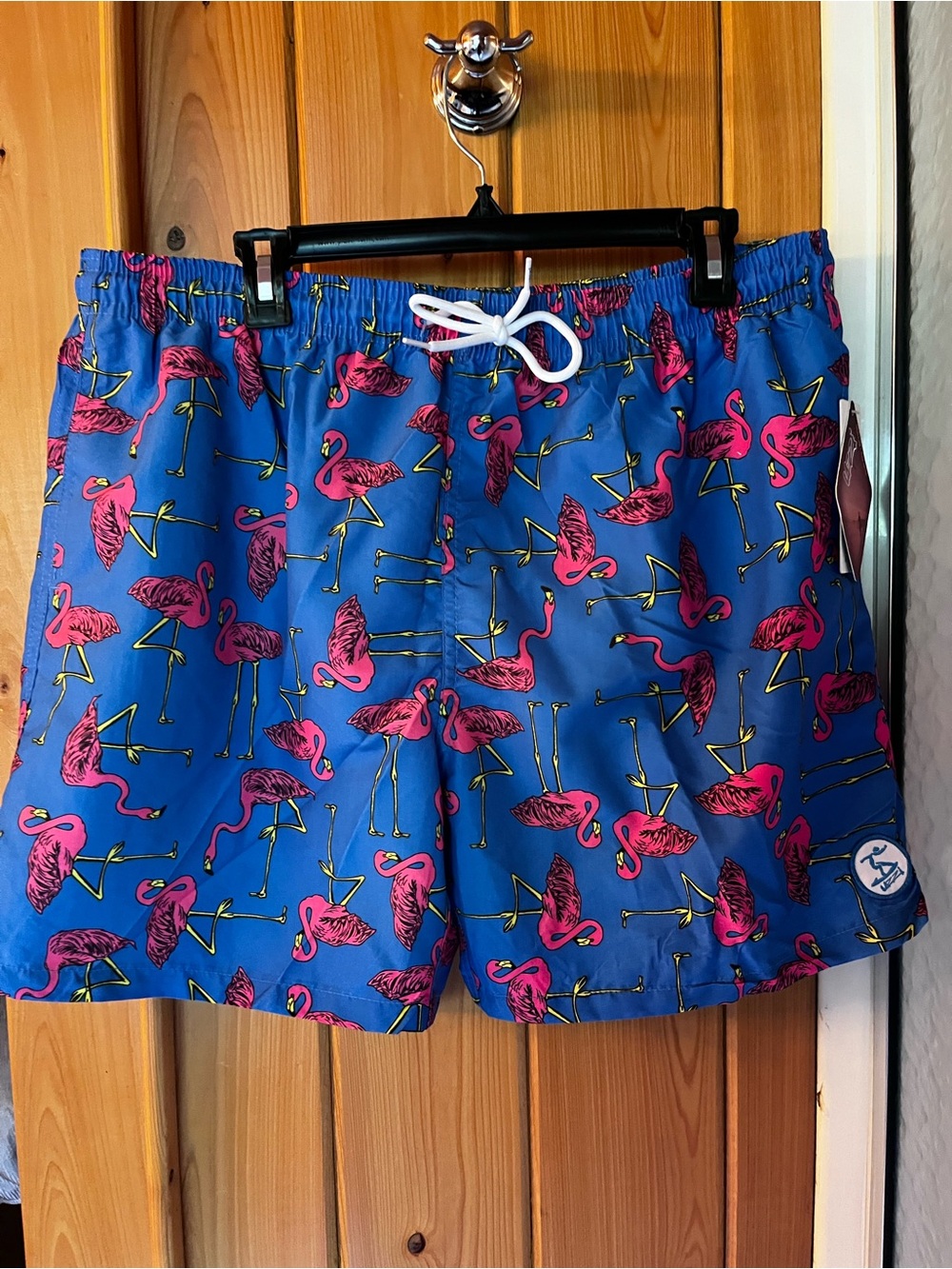 Uzzi Men's Blue Flamingo Swim Trunks- above the knee